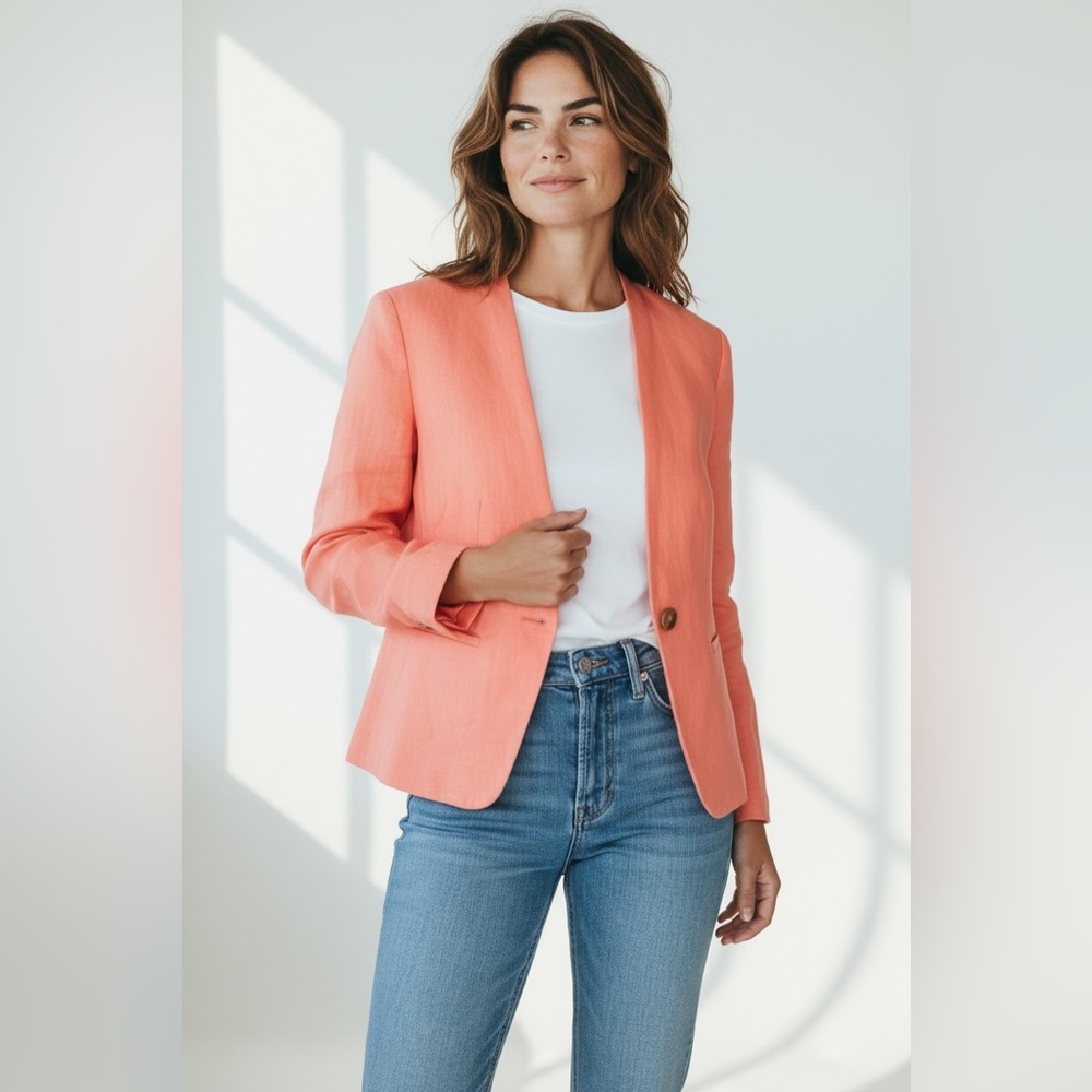 Loft One Button Linen Blazer Coral Size 2